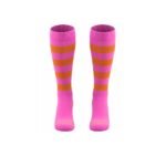 Pair of rugby socks in bright pink with orange and pink horizontal stripe bands across the midfoot and a ribbed pink cuff at the top.