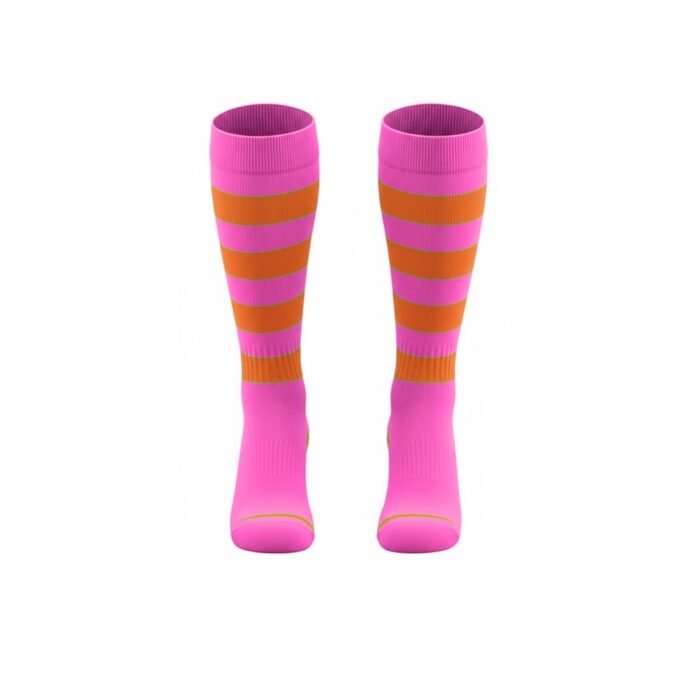 Pair of rugby socks in bright pink with orange and pink horizontal stripe bands across the midfoot and a ribbed pink cuff at the top.