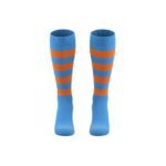 Pair of rugby socks in light blue with ribbed blue cuffs and wide orange and sky-blue horizontal stripe bands across the leg.