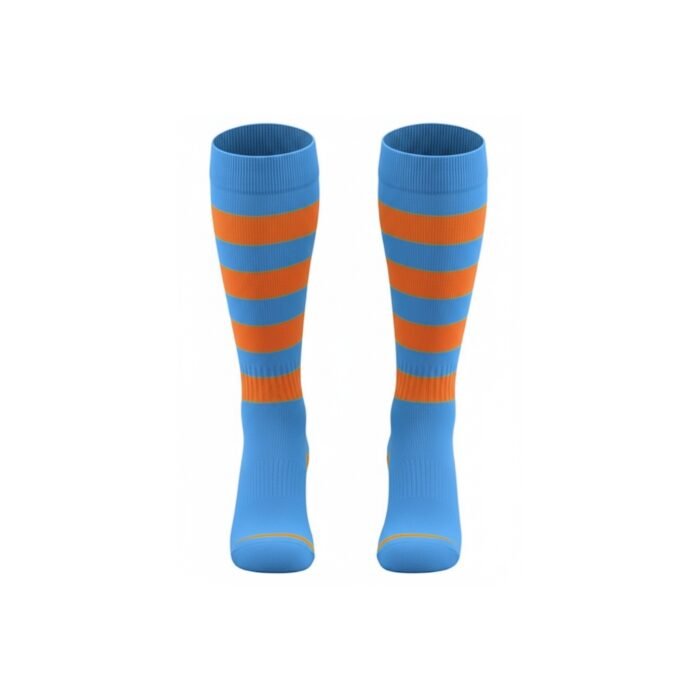 Pair of rugby socks in light blue with ribbed blue cuffs and wide orange and sky-blue horizontal stripe bands across the leg.