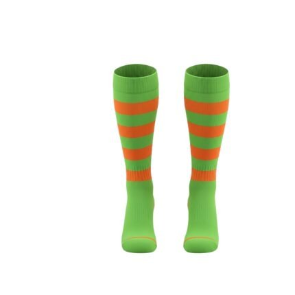 Green rugby socks with orange horizontal stripes and ribbed cuffs.
