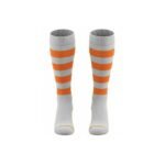 Pair of rugby socks in light grey with orange and light grey horizontal stripe bands and a ribbed grey cuff at the top.