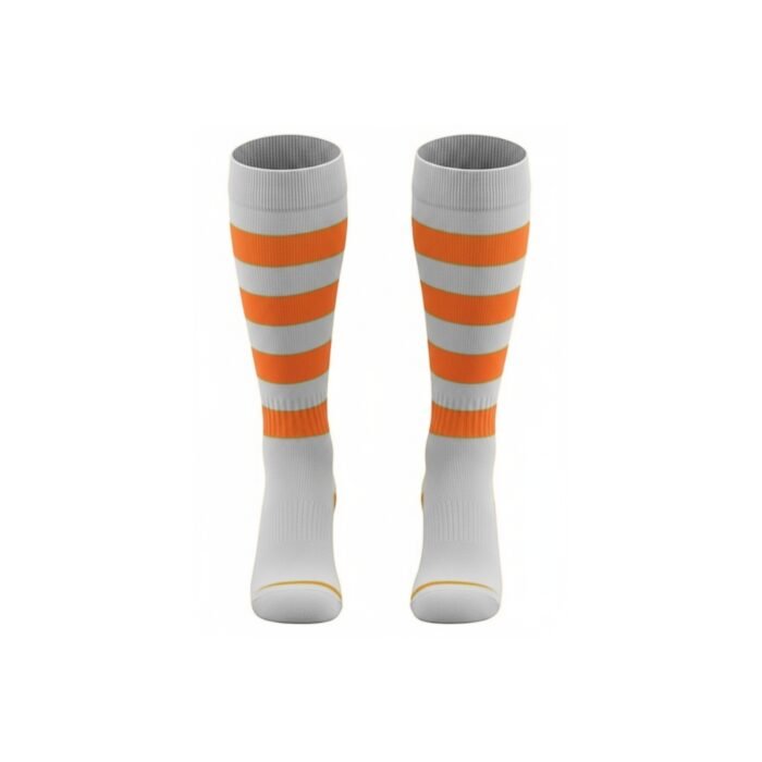 Pair of rugby socks in light grey with orange and light grey horizontal stripe bands and a ribbed grey cuff at the top.