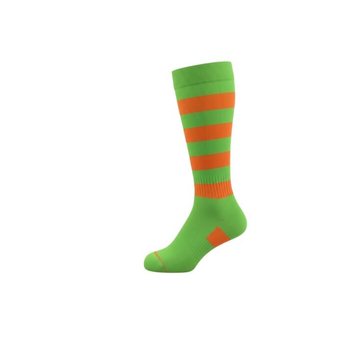 Bright green rugby socks with alternating orange and green horizontal stripes and a ribbed cuff.