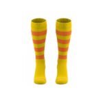 Pair of rugby socks in yellow with ribbed yellow cuffs and wide orange horizontal stripe bands separated by yellow.