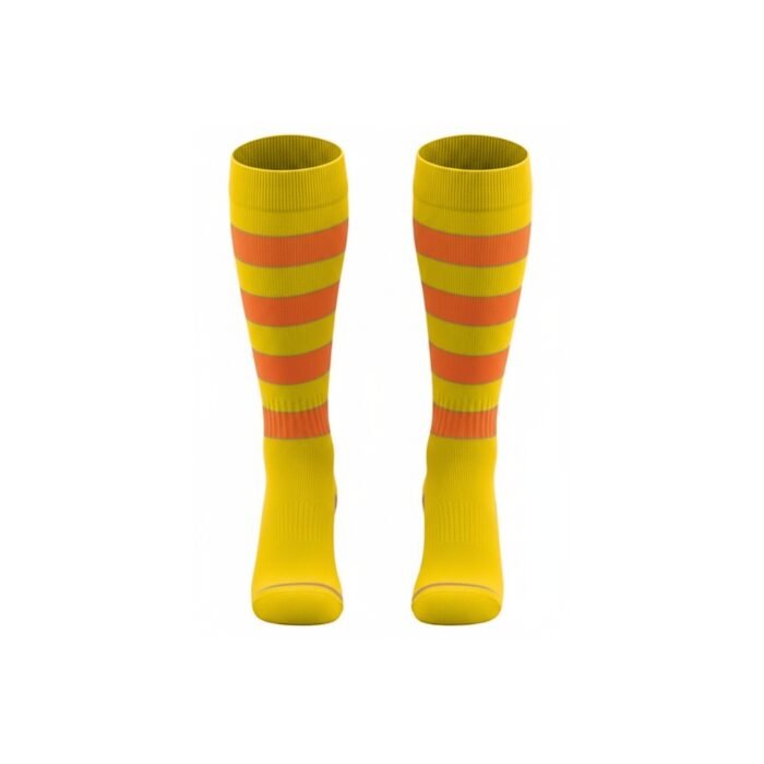 Pair of rugby socks in yellow with ribbed yellow cuffs and wide orange horizontal stripe bands separated by yellow.