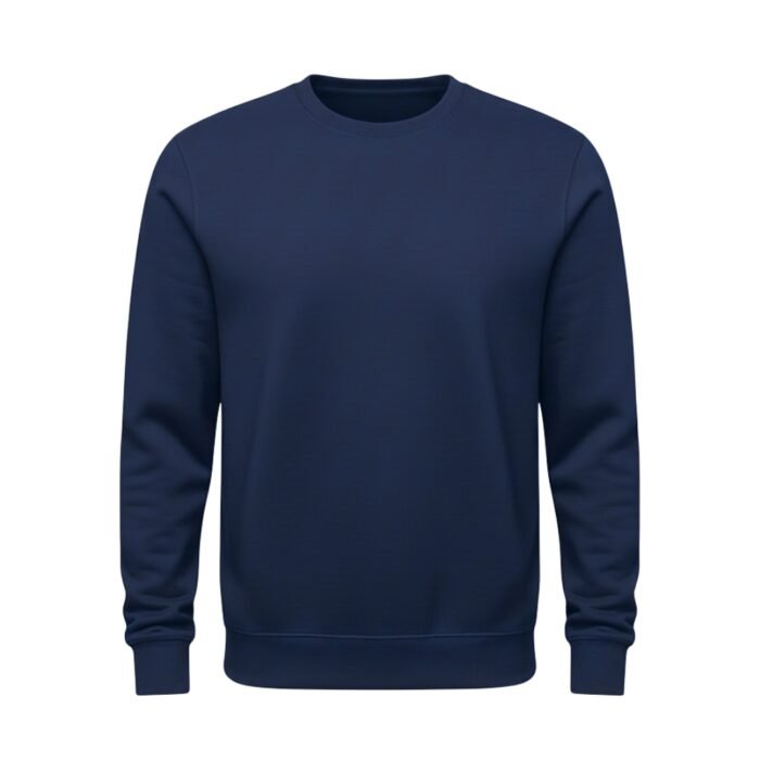 Dark blue crewneck sweatshirt with long sleeves, shown on a white background