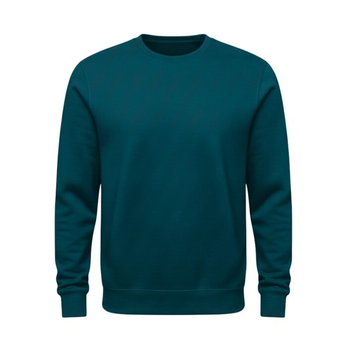 Deep teal crewneck sweatshirt with long sleeves on a white background.