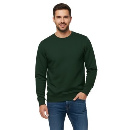 Dark green crewneck sweatshirt with long sleeves and a round neckline on a clean background.