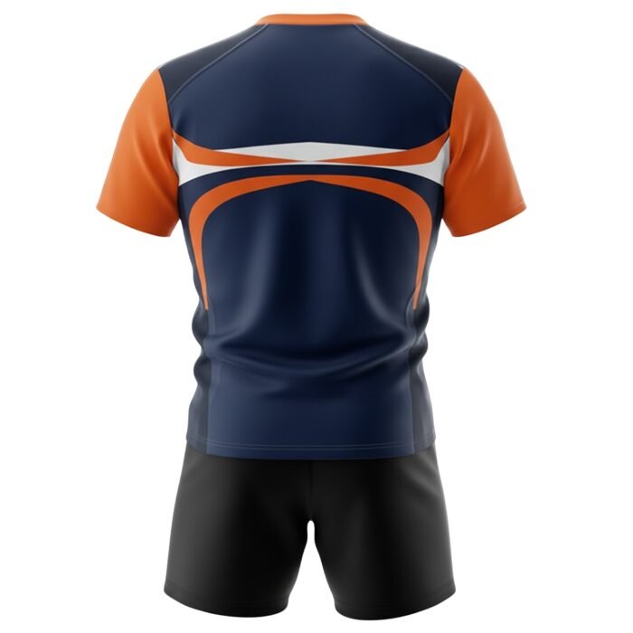 Navy and orange rugby team uniform set with a bold white graphic stripe across the jersey, orange shoulder panels, and black shorts.