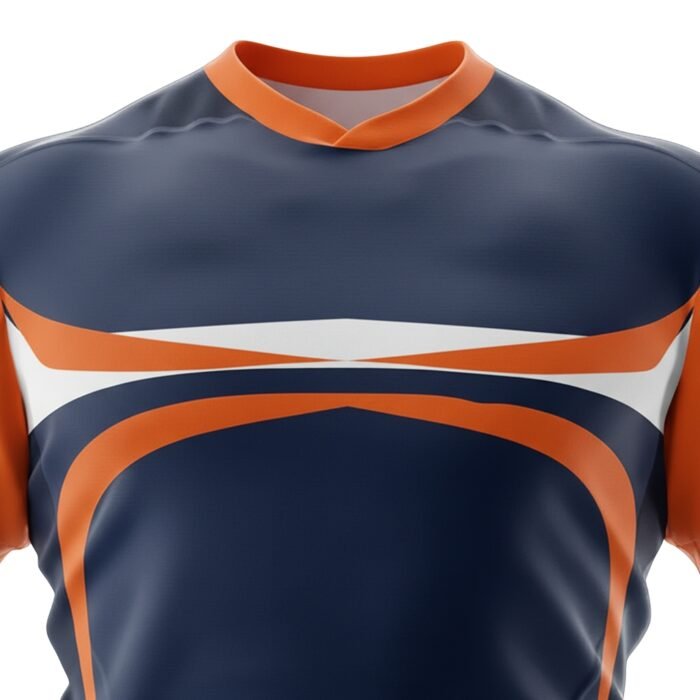 Close-up of a navy rugby jersey with orange collar trim, orange sleeve panels, and bold white-and-orange graphic bands across the chest