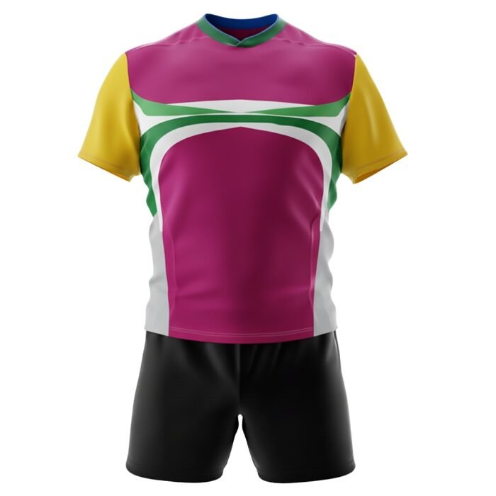 Rugby uniform front view: magenta/purple jersey with white curved panel design, green trim, and yellow sleeve accents, paired with black shorts