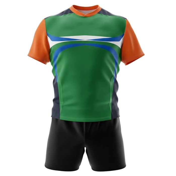 Orange, green, and navy rugby-style jersey with a colored curved chest design and contrasting trim, paired with matching black shorts.