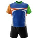 Blue, orange, and green rugby-style jersey with a white and navy chest graphic, paired with black shorts