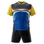 Black and blue rugby-style jersey with yellow collar/sleeves and white-green-red chest stripe panel, paired with black shorts.