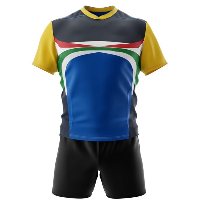 Black and blue rugby-style jersey with yellow collar/sleeves and white-green-red chest stripe panel, paired with black shorts.