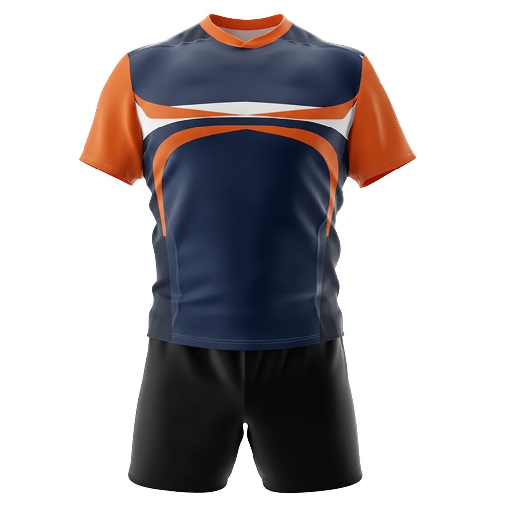 Rugby team uniform front view Rugby team uniform featuring an orange and navy short-sleeve jersey with a bold white graphic stripe, paired with black shorts