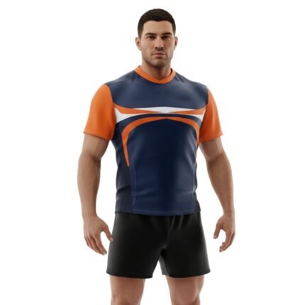 Close-up of a navy rugby jersey with orange collar trim, orange sleeve panels, and bold white-and-orange graphic bands across the chest.
