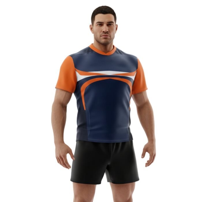 Close-up of a navy rugby jersey with orange collar trim, orange sleeve panels, and bold white-and-orange graphic bands across the chest.