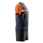 Navy and orange rugby team jersey with short sleeves, a bold white graphic stripe across the chest, orange collar trim, and matching black shorts.