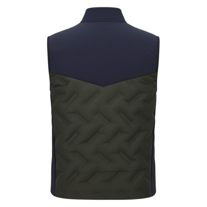 Men’s padded sleeveless jacket with navy upper and olive-green quilted side panel design