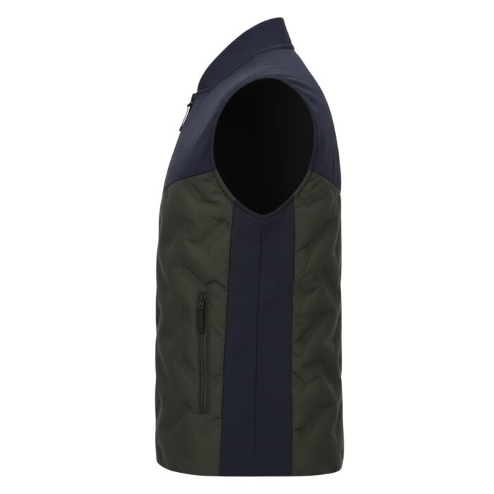 Men’s padded zip-up jacket with navy top and olive-green quilted side panels