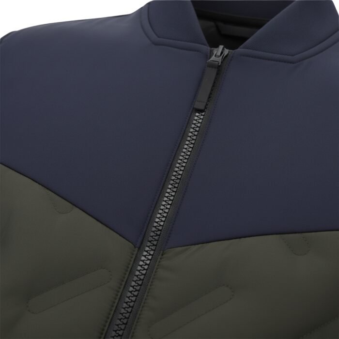 Navy zip-up padded jacket with contrast olive-green lower panels