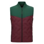 Men’s padded sleeveless vest with zip front in olive-green top and burgundy quilted lower panel