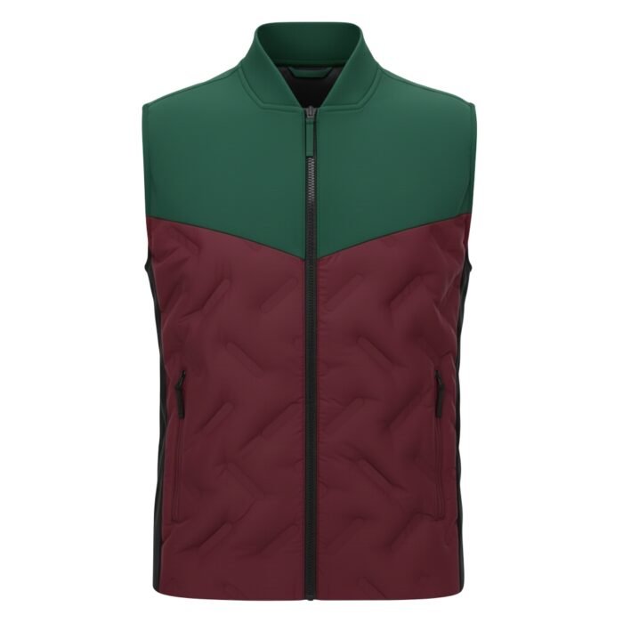 Men’s padded sleeveless vest with zip front in olive-green top and burgundy quilted lower panel