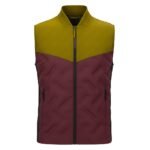 Men’s padded sleeveless vest with zip front in olive-green upper and burgundy quilted lower panels