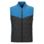 Men’s padded sleeveless vest with zip front in blue upper and black quilted lower panels