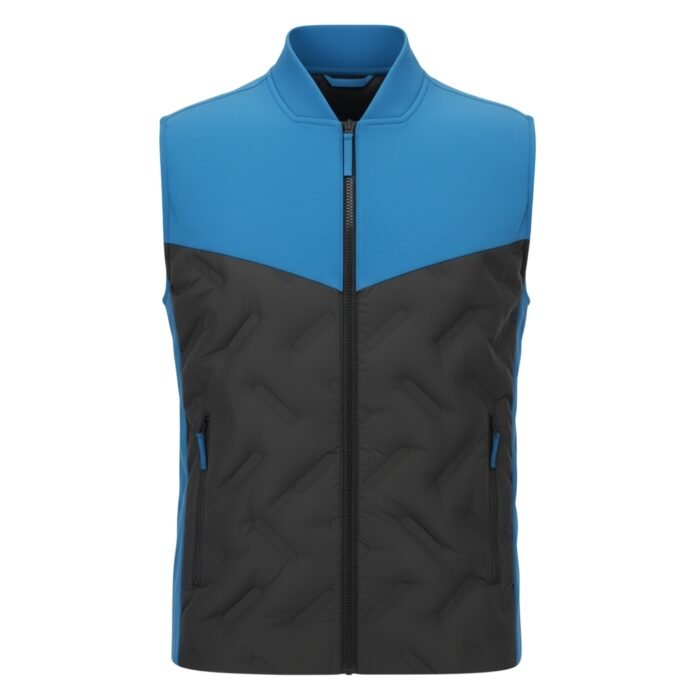 Men’s padded sleeveless vest with zip front in blue upper and black quilted lower panels