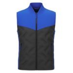 Men’s padded sleeveless vest with zip front in blue upper and black quilted lower panels
