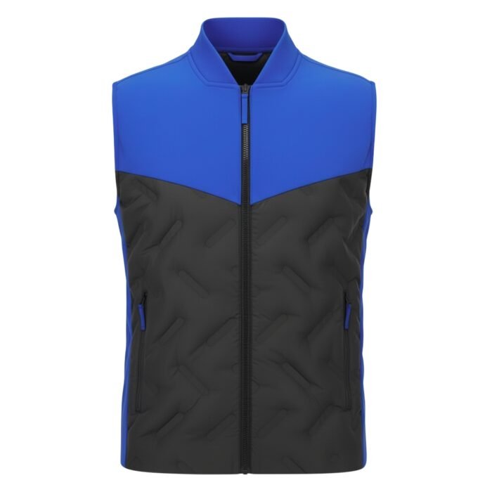 Men’s padded sleeveless vest with zip front in blue upper and black quilted lower panels