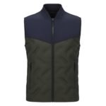 Men’s padded sleeveless vest with center zip in navy upper and olive quilted lower panels