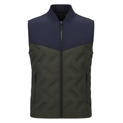 Men’s padded sleeveless vest with center zip in navy upper and olive quilted lower panels