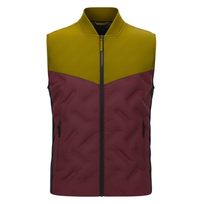 Men’s padded sleeveless vest with zip front in olive-green upper and burgundy quilted lower panels