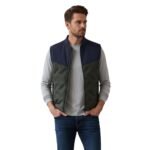 Men’s padded zip-up jacket with navy upper and olive-green quilted panels
