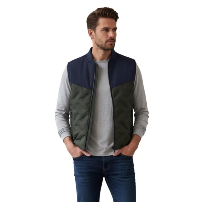 Men’s padded zip-up jacket with navy upper and olive-green quilted panels