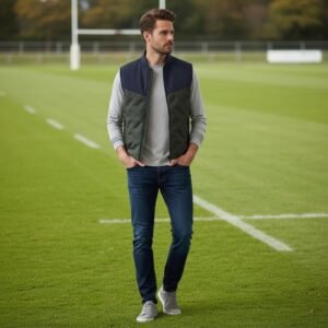 Men’s rugby vest jacket in dark navy with a quilted olive-green panel and full front zip