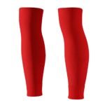 Red-colored soccer compression sleeves laid flat on a plain background.