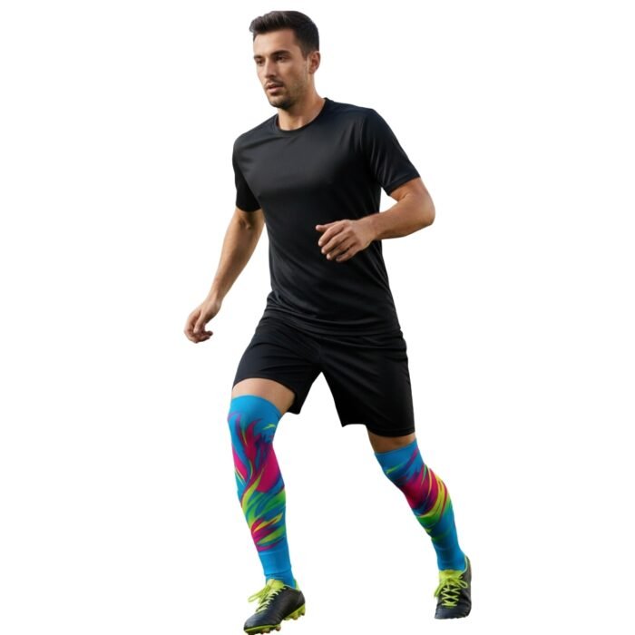Soccer player model wearing compression sleeves, standing in a neutral pose against a plain background.