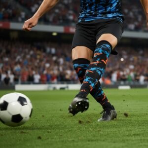 Soccer player model wearing compression sleeves, posing with a soccer-themed background