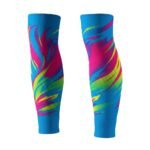 Soccer compression sleeves with sublimated design laid flat on a plain background