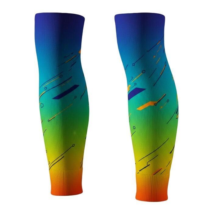 Soccer compression sleeves with sublimated design laid flat on a plain background
