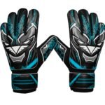 Bright cyan soccer goalkeeper gloves displayed on a plain background