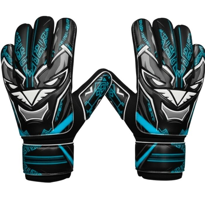 Bright cyan soccer goalkeeper gloves displayed on a plain background