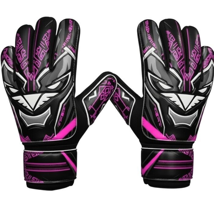 Bright pink soccer goalkeeper gloves displayed on a plain background.