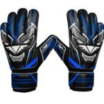 Deep neon blue soccer goalkeeper gloves displayed on a plain background