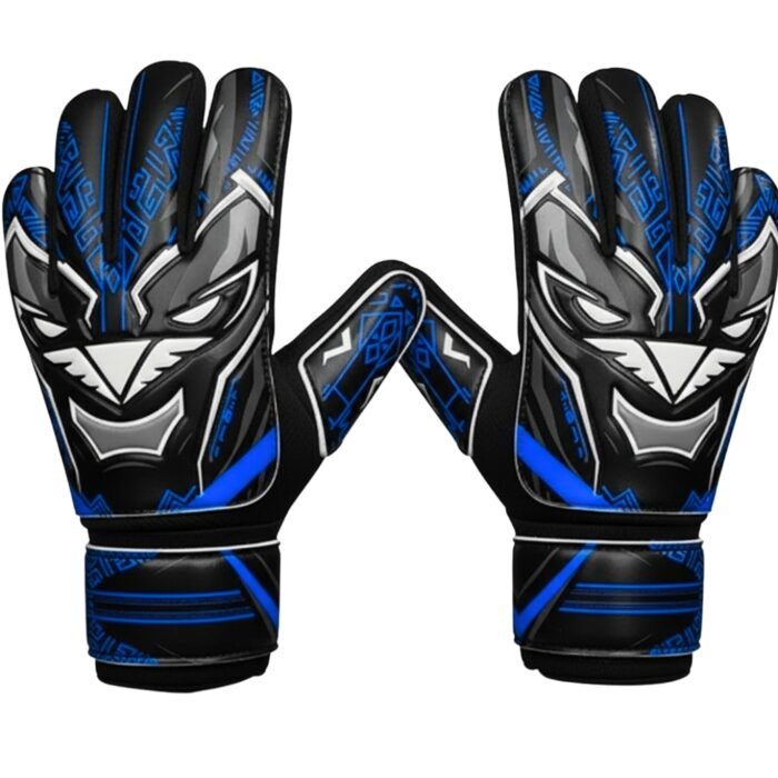 Deep neon blue soccer goalkeeper gloves displayed on a plain background